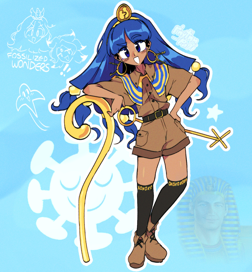 3girls, alternate_skin_color, black_thighhighs, blue_background, blue_eyes, blue_hair, boots, brown_boots