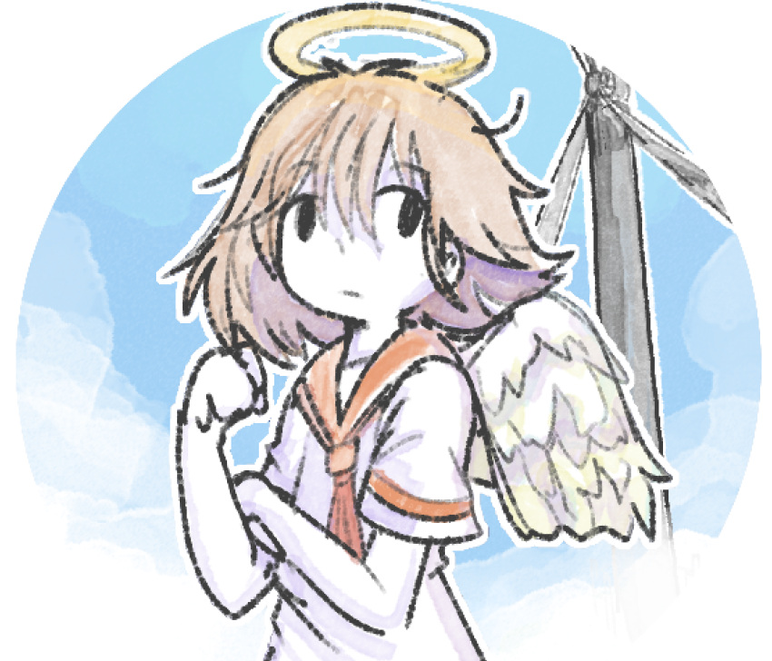 1girl, angel_wings, black_eyes, blue_sky, brown_hair, clenched_hand, clouds, day