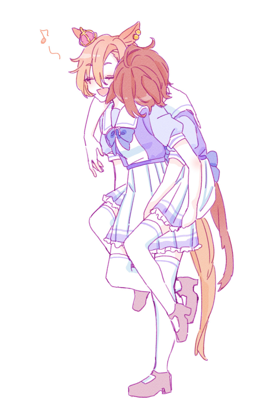 2girls, :d, absurdres, agnes_tachyon_(umamusume), animal_ears, bow, brown_hair, brown_shoes, carrying, closed_eyes, crown, eighth_note, hair_between_eyes, highres, horse_ears, horse_girl, horse_tail, mini_crown, multiple_girls, musical_note, piggyback, pleated_skirt, puffy_short_sleeves, puffy_sleeves, purple_bow, purple_shirt, school_uniform, seila_rei, shirt, shoes, short_sleeves, simple_background, skirt, smile, t.m._opera_o_(umamusume), tail, thigh-highs, tilted_headwear, tracen_school_uniform, umamusume, walking, white_background, white_skirt, white_thighhighs