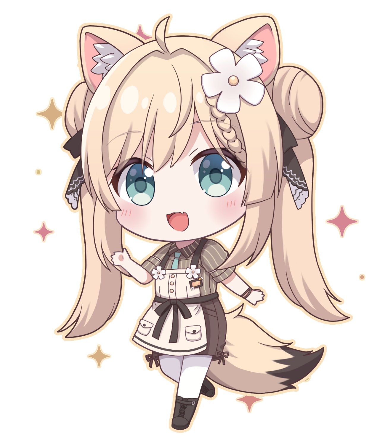 1girl, :d, ahoge, animal_ear_fluff, animal_ears, apron, aqua_eyes, black_shoes