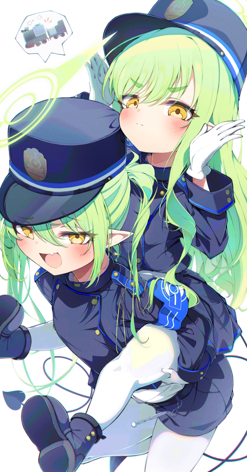 2girls, absurdres, blue_archive, blue_jacket, blue_shorts, blue_skirt, commentary_request, fang