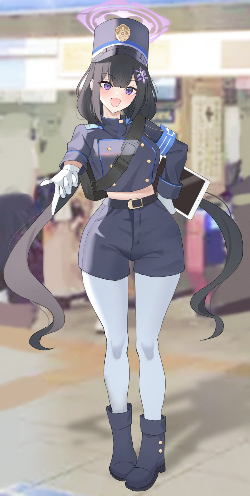 1girl, absurdres, armband, black_hair, blue_archive, blue_armband, breasts, buttons