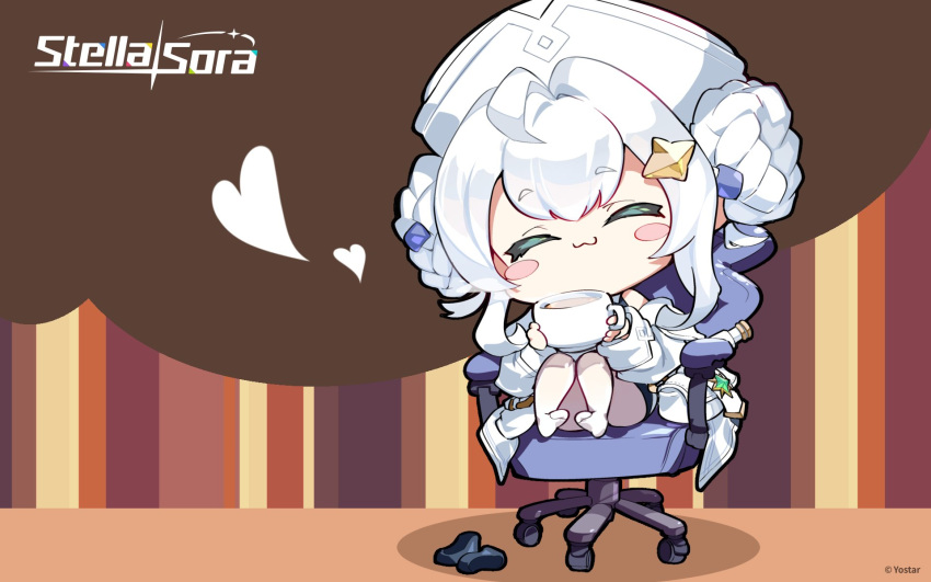 1girl, :3, ^_^, ahoge, bastelina_(stella_sora), bilingual_commentary, black_shoes, blush_stickers, braid, braided_hair_rings, brown_background, chibi, chibi_only, closed_eyes, coat, commentary_request, copyright_name, copyright_notice, cup, double-parted_bangs, english_commentary, full_body, hair_intakes, hair_rings, happy, hat, heart, highres, holding, holding_cup, hot_chocolate, mixed-language_commentary, multi-source_commentary, off_shoulder, official_art, on_chair, open_clothes, open_coat, pantyhose, shoes, short_eyebrows, short_hair_with_long_locks, sidelocks, sitting, solo, stella_sora, unworn_shoes, white_coat, white_hat, white_pantyhose, wrist_cuffs