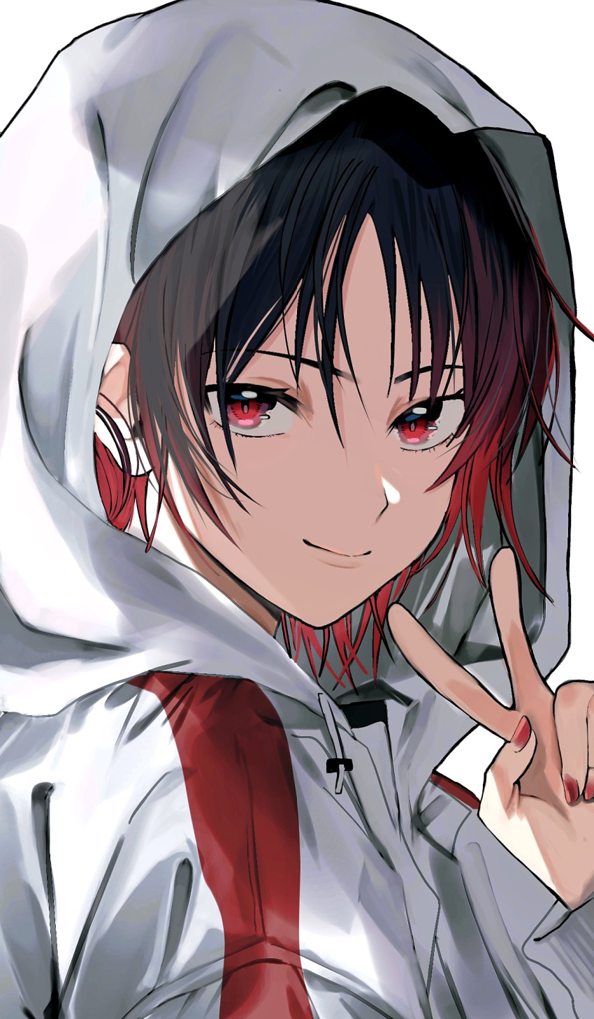 1girl, black_hair, choppy_bangs, dow_suitable, gradient_hair, highres, hood, hood_up