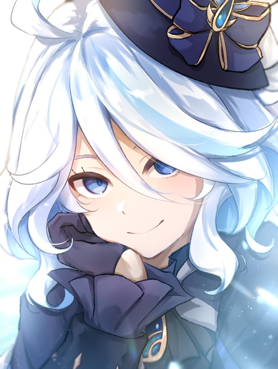 1girl, ahoge, black_gloves, blue_bow, blue_eyes, blue_hair, blue_hat, blue_jacket
