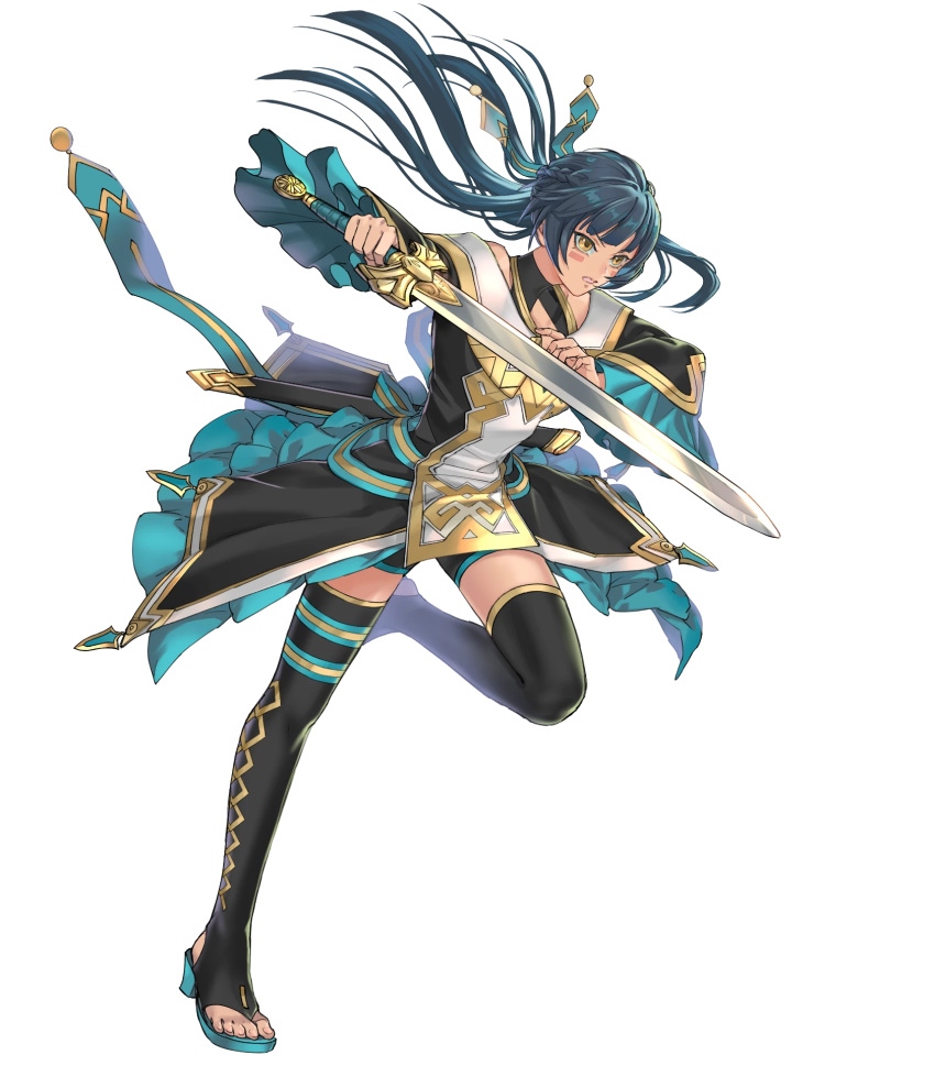 1girl, athena_(fire_emblem), athena_(resplendent)_(fire_emblem), black_hair, black_thighhighs, fire_emblem, fire_emblem:_new_mystery_of_the_emblem, fire_emblem_heroes, frilled_sleeves, frills, high_heel_sandals, high_heels, highres, non-web_source, official_alternate_costume, official_art, sandals, solo, thigh-highs, yellow_eyes