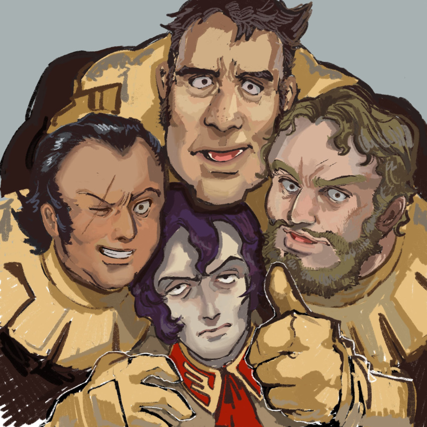 4boys, annoyed, ascot, beard, black_bodysuit, black_eyes, black_hair, black_tri-stars