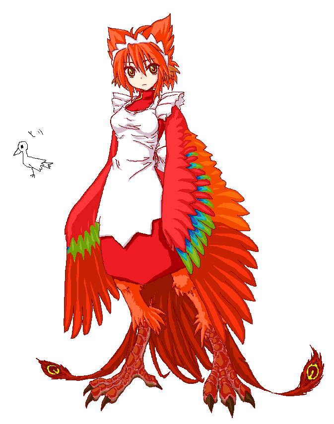 dress, feathers, futaba_channel, gold_eyes, maid, nijiura_maids, red_dress, red_hair