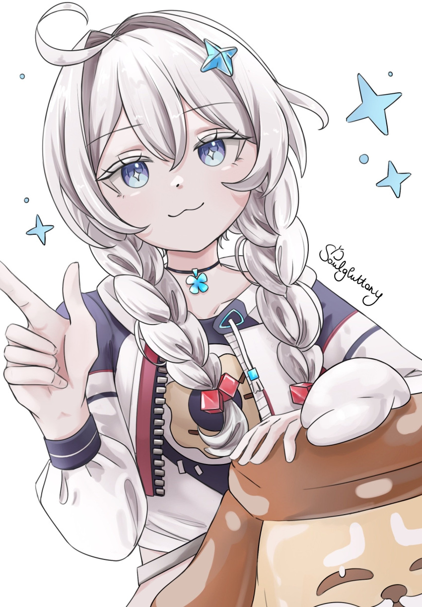 1girl, :3, ahoge, artist_name, blue_eyes, braid, choker, closed_mouth, diamond-shaped_pupils, diamond_(shape), dog, english_text, hair_between_eyes, hair_ornament, highres, honkai_(series), hood, jacket, kiana_kaslana, kiana_kaslana_(honkai:_nexus_anima), long_hair, long_sleeves, looking_at_viewer, simple_background, smile, solo, soulgluttony, star_(symbol), symbol-shaped_pupils, twin_braids, v, white_background, white_hair, white_jacket