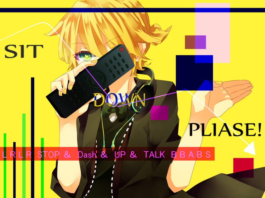 +_+, blond_hair, green_eyes, headphones, jacket, kagamine_len, male, multicolored_eyes