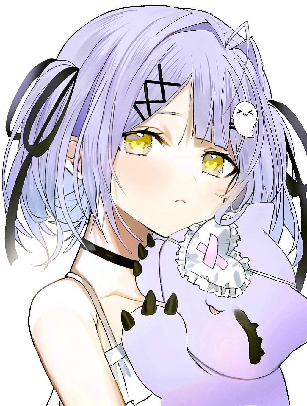 1girl, black_choker, choker, dow_suitable, ghost_hair_ornament, hair_ornament, hair_ribbon, hairpin