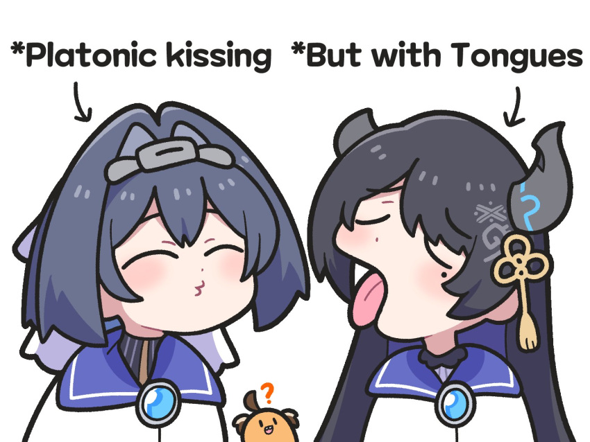 3girls, blush, closed_eyes, demon_horns, enigmatic_recollection, gigi_murin, hasn't_kissed_anyone_ever_vs_expecting_a_kiss_with_tongue_(meme), hololive