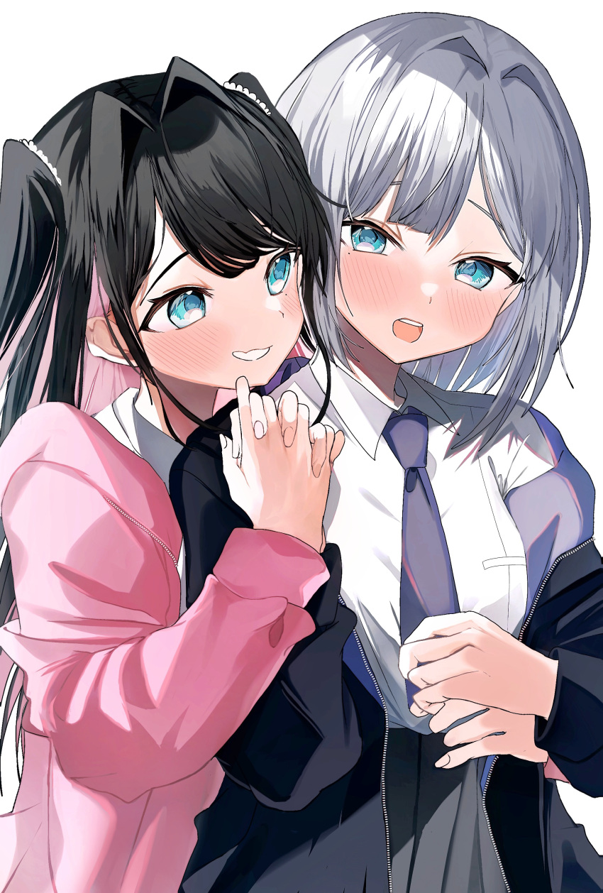 2girls, absurdres, aqua_eyes, black_hair, black_jacket, blush, colored_inner_hair, dow_suitable