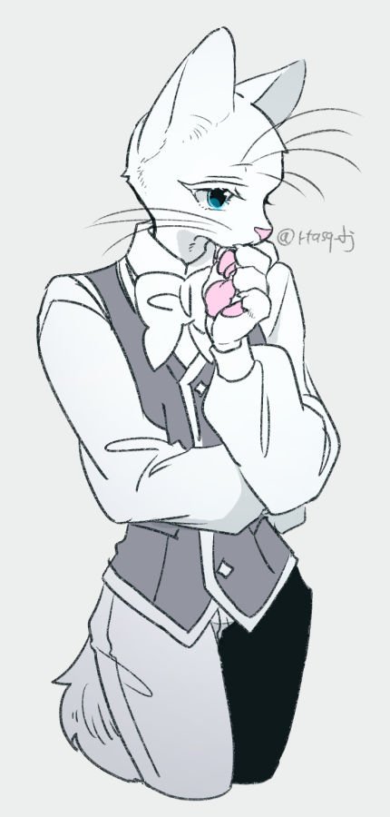 1boy, animal_hands, babeldj, blue_eyes, body_fur, bow, bowtie, cat_boy