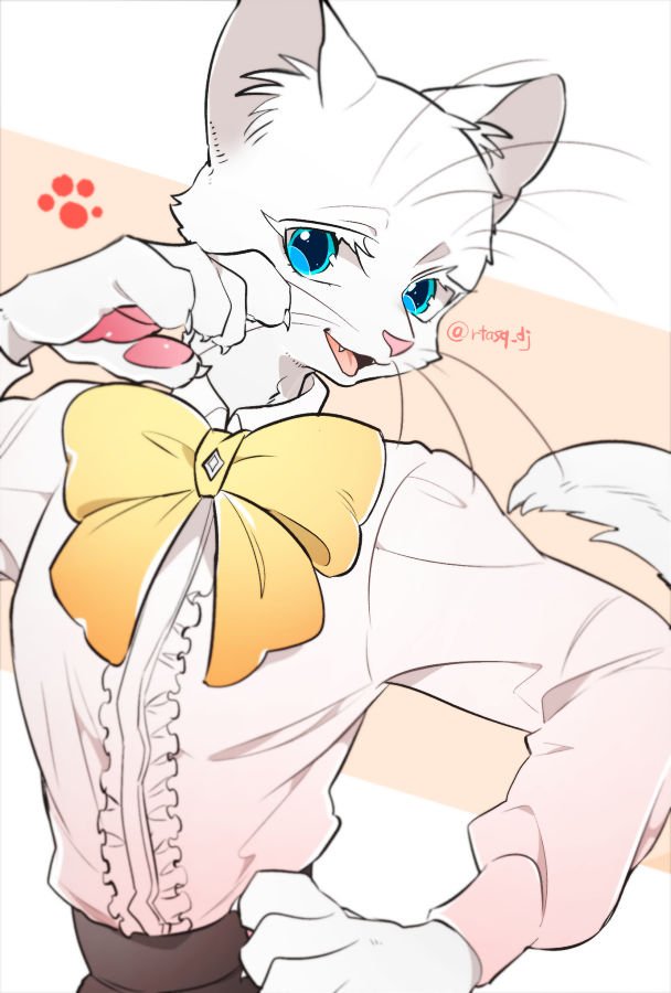 1boy, animal_hands, babeldj, blue_eyes, body_fur, bow, bowtie, cat_boy