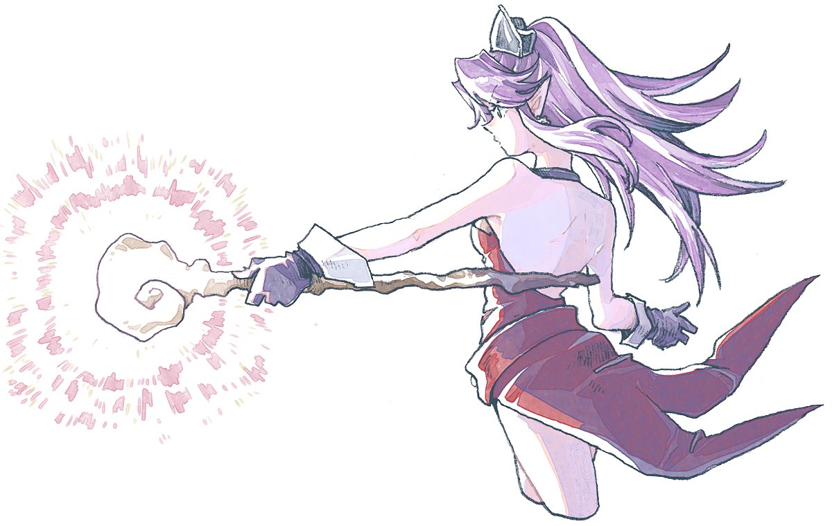 1girl, angela_(seiken_densetsu_3), backless_outfit, bare_shoulders, black_cross_tie, black_gloves, breasts, cropped_legs