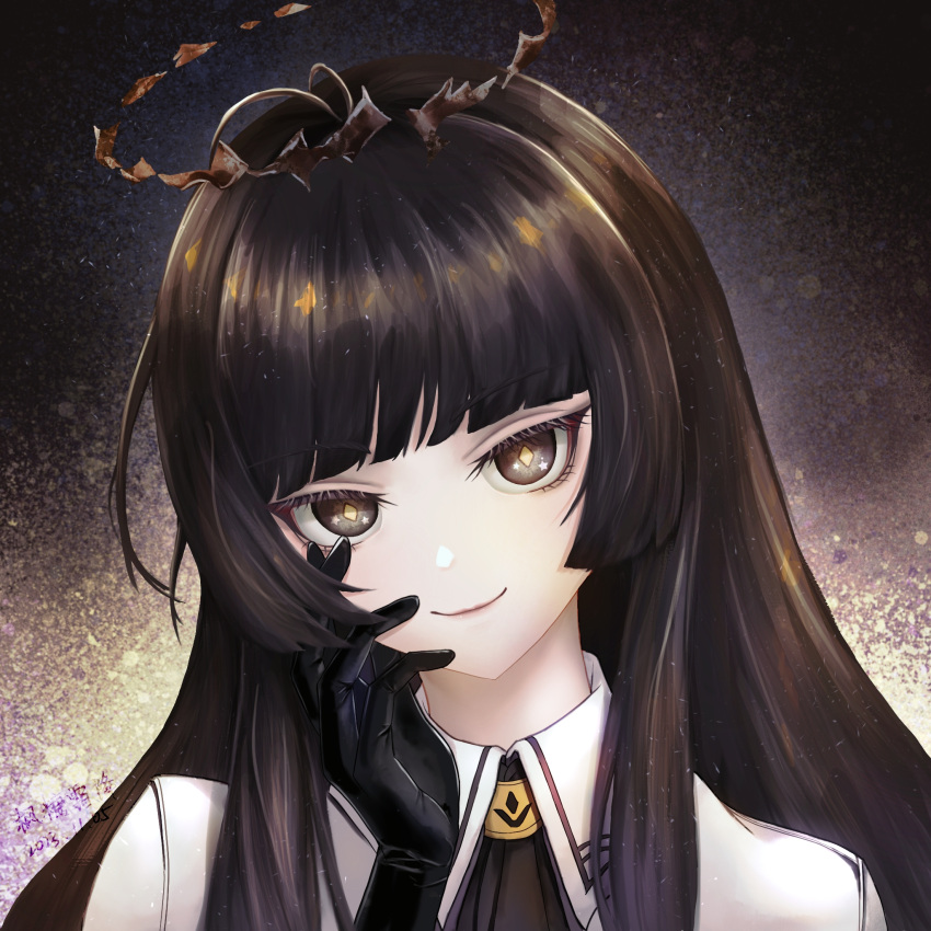 1girl, arknights, black_gloves, brown_eyes, brown_halo, closed_mouth, diamond-shaped_pupils, diamond_(shape)