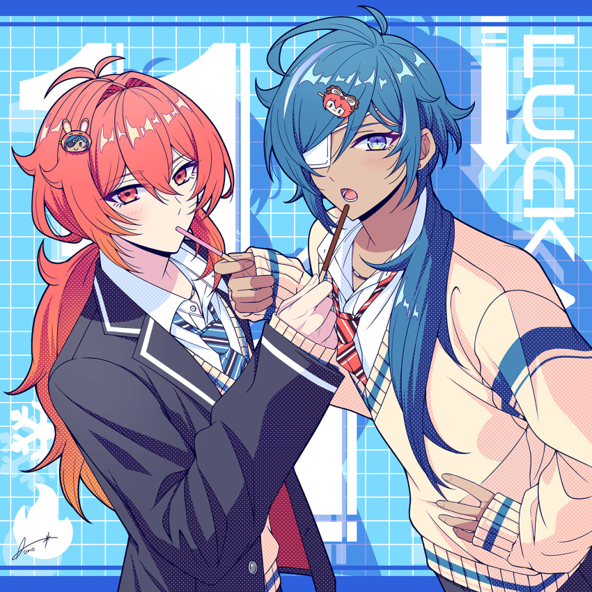2boys, antenna_hair, aono_(aono_pic), black_jacket, blue_eyes, blue_hair, dark-skinned_male, dark_skin