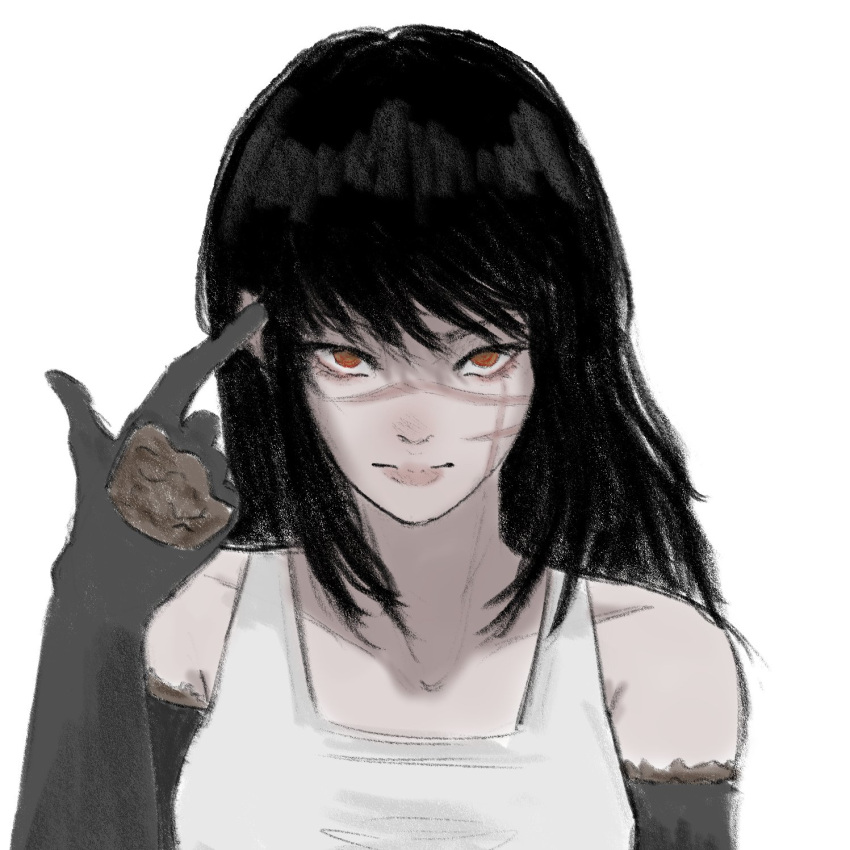 1girl, black_gloves, black_hair, chainsaw_man, closed_mouth, elbow_gloves, english_commentary, gloves