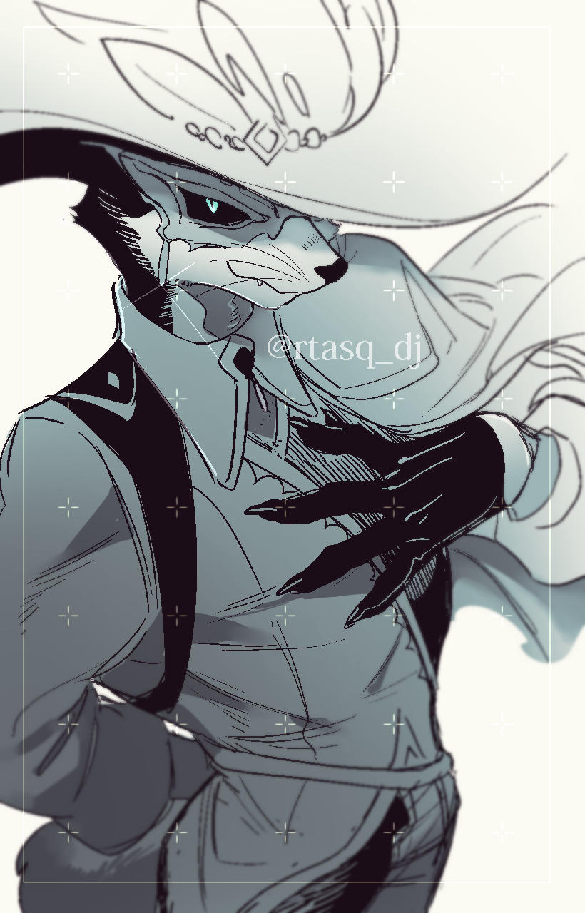 1boy, arm_behind_back, babeldj, blue_eyes, claws, commentary_request, cowboy_shot, fox_boy, furry, furry_male, gloves, hand_on_own_chest, hat, highres, looking_at_viewer, male_focus, mask, masquerade_mask, original, shirt, side_cape, simple_background, solo, spot_color, tail