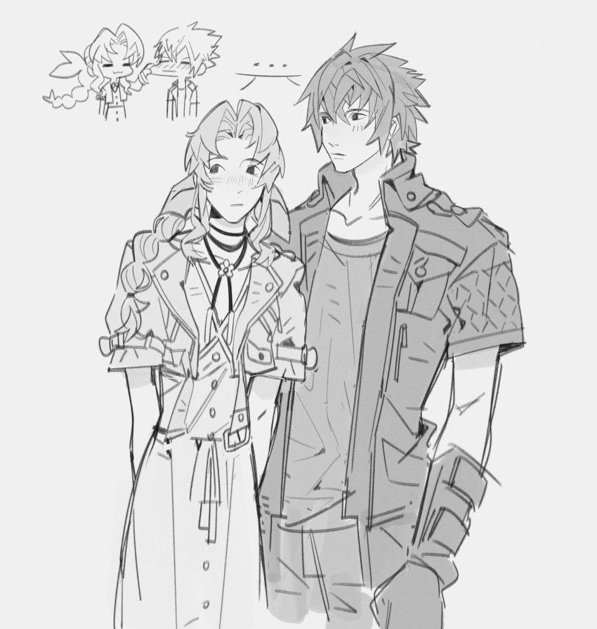 1boy, 1girl, :3, =w=, aerith_gainsborough, braid, braided_ponytail, cheek_pinching