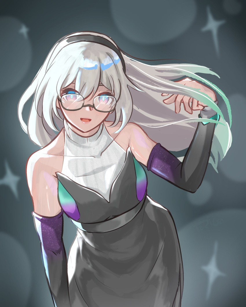 1girl, absurdres, bare_shoulders, black_dress, breasts, commentary, detached_sleeves, dress, english_commentary, firefly_(honkai:_star_rail), firefly_(on_the_journey)_(honkai:_star_rail), glasses, grey_background, grey_hair, highres, honkai:_star_rail, honkai_(series), large_breasts, long_hair, looking_at_viewer, multicolored_eyes, official_alternate_costume, solo, torigatrigger, turtleneck, turtleneck_dress, two-tone_eyes