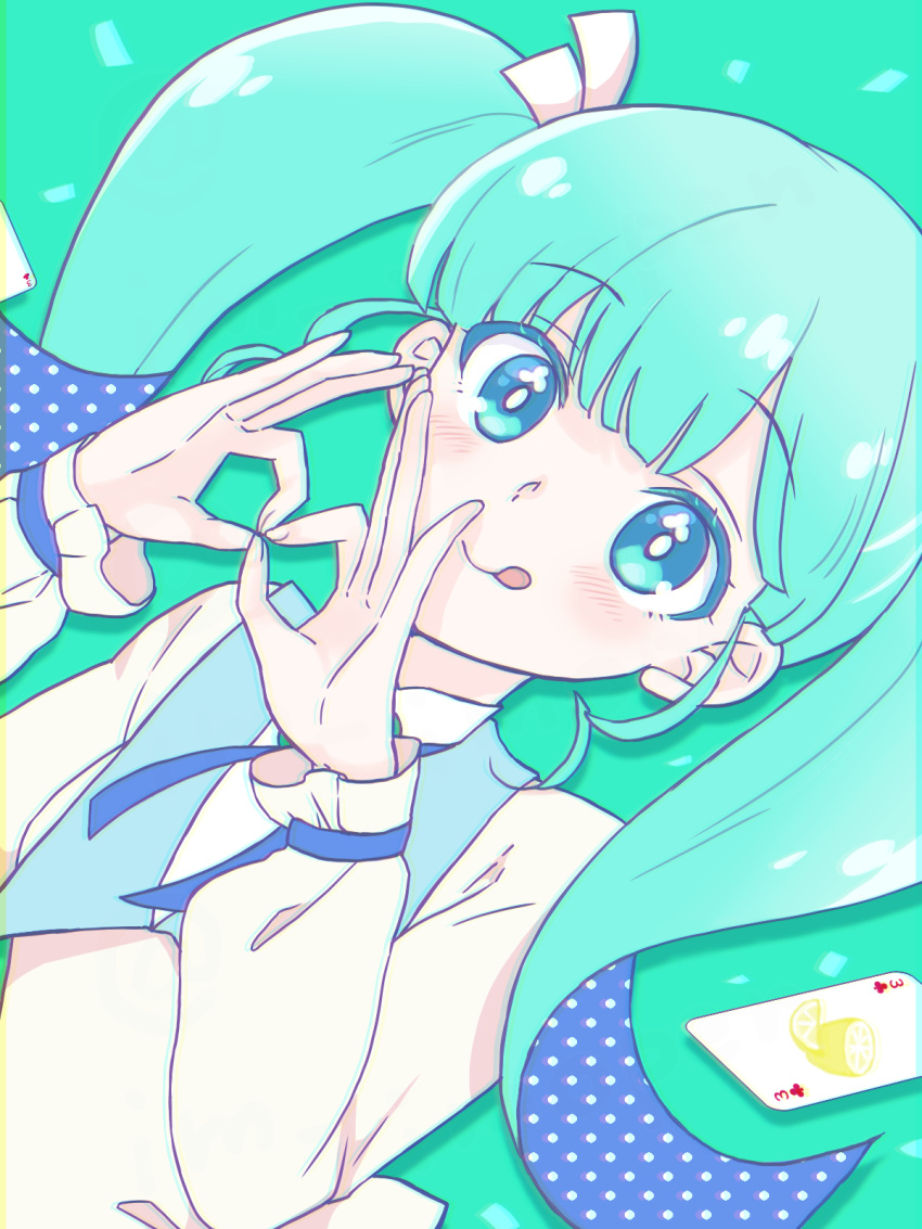 :p, aqua_background, aqua_eyes, aqua_hair, blouse, blue_ribbon, blunt_bangs, blush
