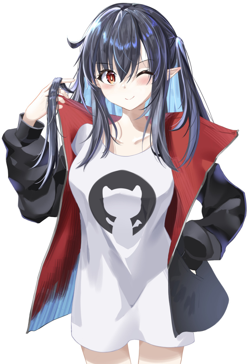 1girl, ;), absurdres, arknights, black_hair, black_jacket, blue_hair, blush