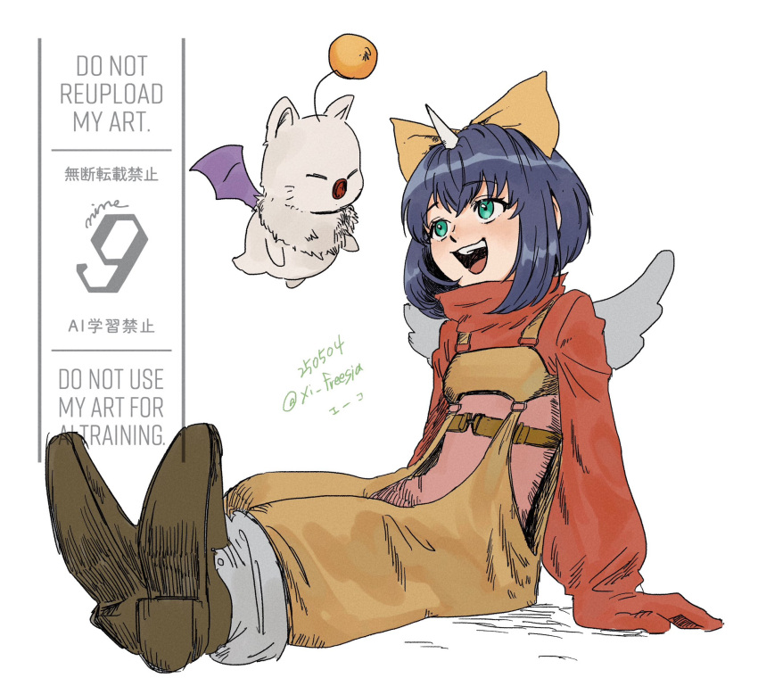 1girl, blue_hair, bodysuit, boots, bow, brown_boots, creature, cropped_sweater, dated, eiko_carol, final_fantasy, final_fantasy_ix, full_body, green_eyes, hair_bow, highres, horns, ix_freesia, mini_wings, moogle, open_mouth, overalls, pink_bodysuit, red_sweater, short_hair, single_horn, sitting, smile, sweater, turtleneck, turtleneck_sweater, twitter_username, white_background, wings, yellow_bow, yellow_overalls