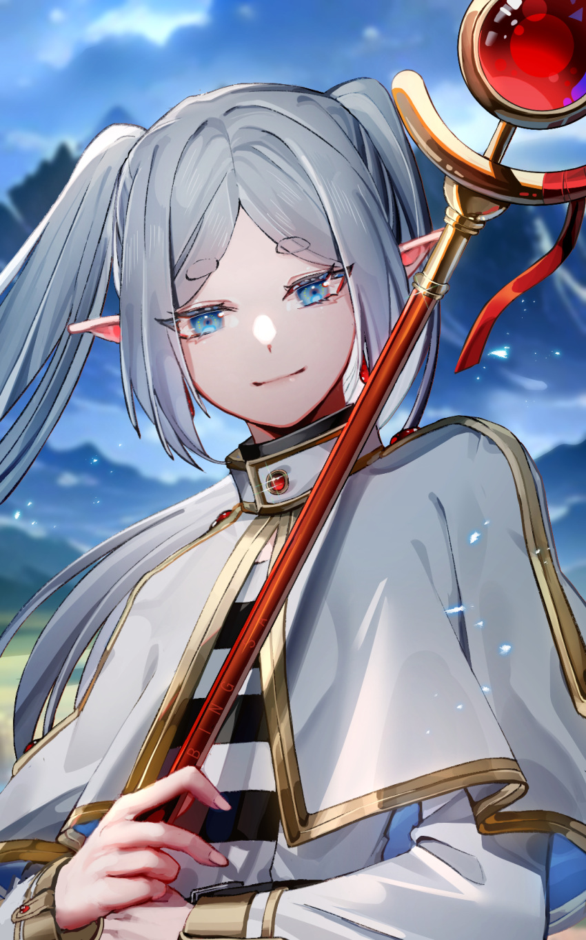 1girl, bingsa_(707), blue_eyes, blurry, blurry_background, closed_mouth, elf, frieren, glint, highres, holding, holding_staff, long_hair, long_sleeves, looking_at_viewer, outdoors, pointy_ears, sky, solo, sousou_no_frieren, staff, twintails, upper_body