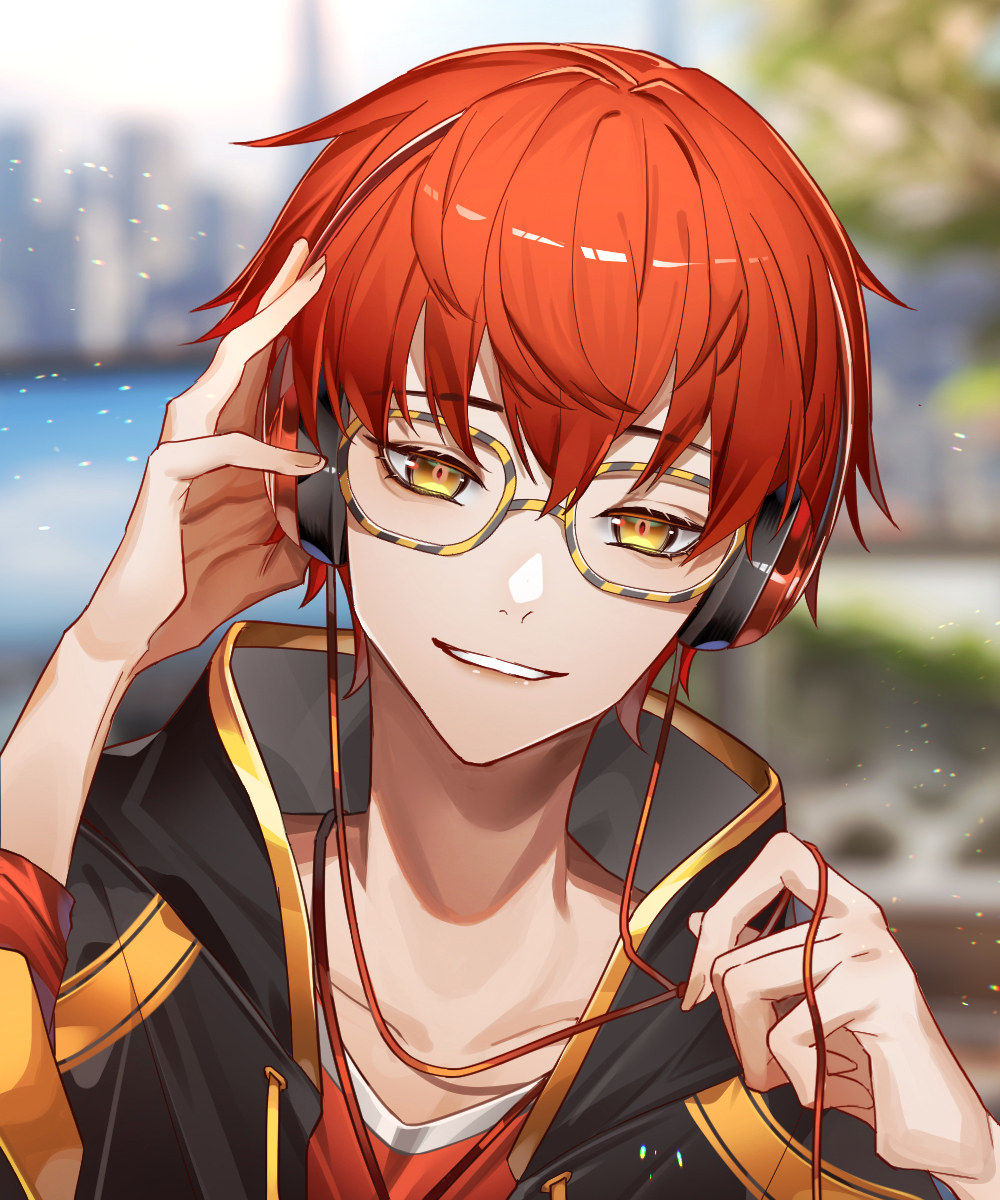 1boy, 707_(susanghan_messenger), adjusting_headphones, bingsa_(707), blurry, blurry_background, collarbone, glasses