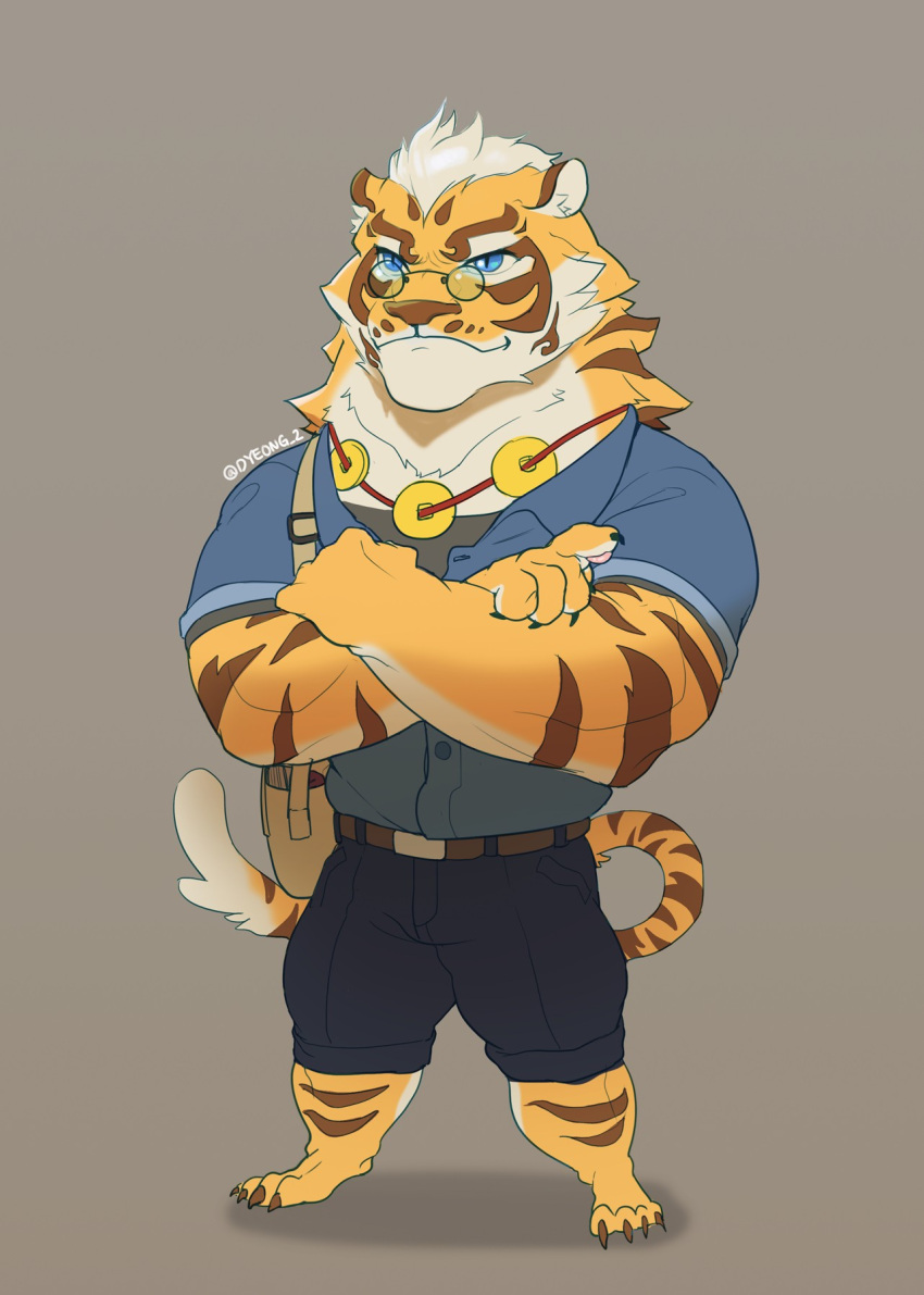 1boy, animal_ears, bag, barefoot, black_pants, blue_shirt, cat_nose, claws