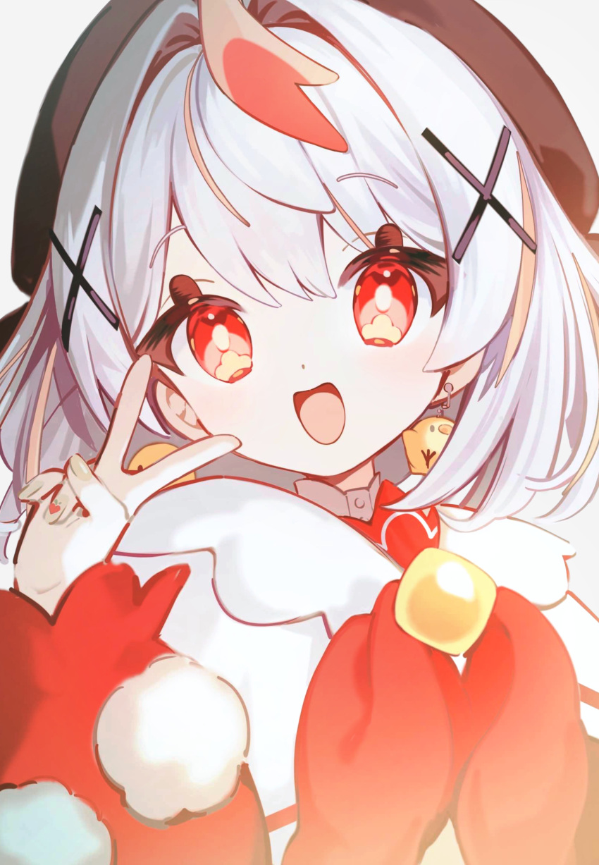 1girl, absurdres, black_hat, blush, earrings, grey_hair, hair_ornament, hair_tie