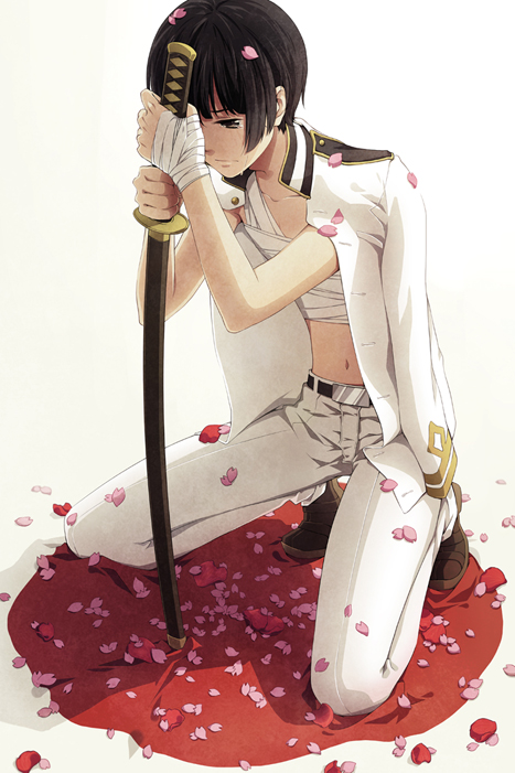 akashirokai, axis_powers_hetalia, bandage, bandages, belt, black_eyes, black_hair, cherry_blossoms
