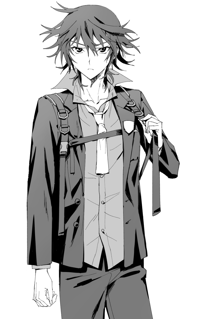 1boy, closed_mouth, collared_shirt, cowboy_shot, dress_shirt, greyscale, hair_between_eyes, high_collar, highres, honosuke_(tns4b), jacket, koide_natsuno, long_sleeves, looking_at_viewer, male_focus, monochrome, necktie, pants, shiki_(novel), shirt, short_hair, simple_background, solo, standing, white_background