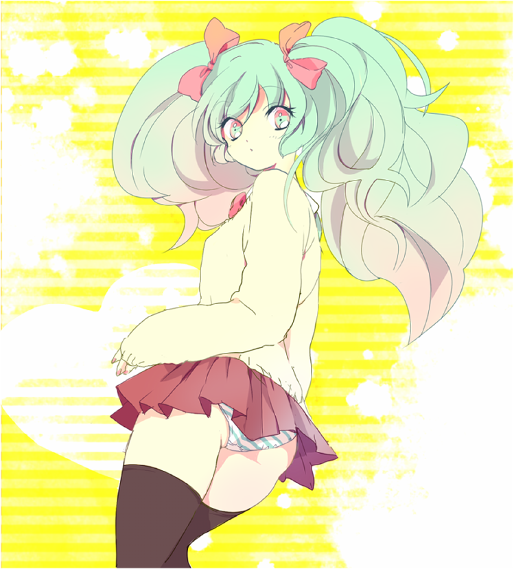 bad_id, from_behind, green_hair, hair_ribbon, hatsune_miku, long_hair, looking_back, motamota