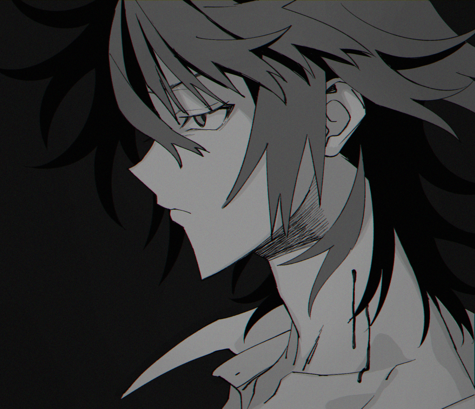 1boy, blood, blood_drip, blood_from_neck, closed_mouth, from_side, greyscale, hair_between_eyes