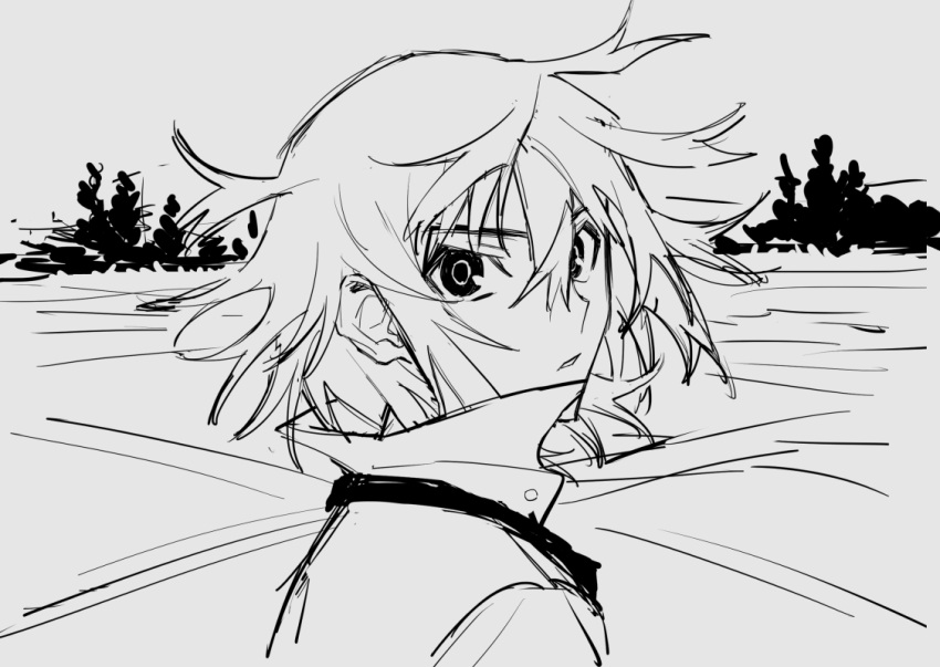 1boy, collared_shirt, greyscale, hair_between_eyes, high_collar, honosuke_(tns4b), koide_natsuno, looking_at_viewer