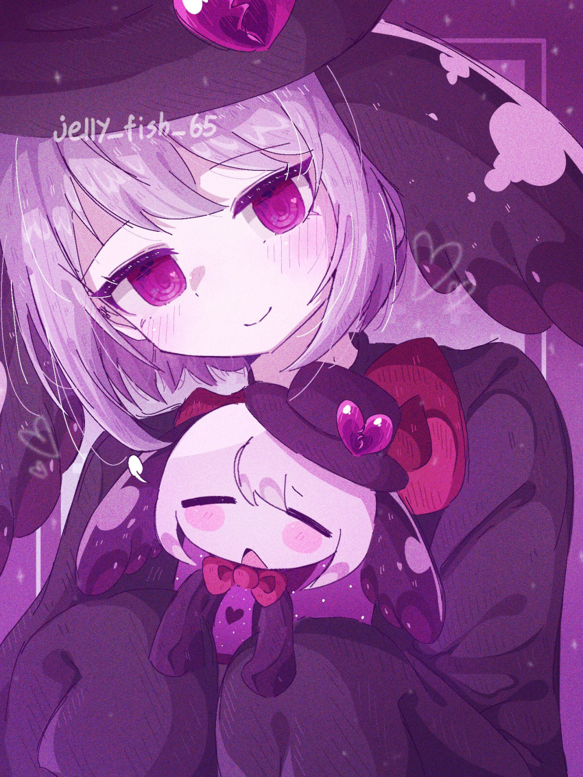 1boy, black_hat, blush, bob_cut, border, bow, bowtie, character_doll