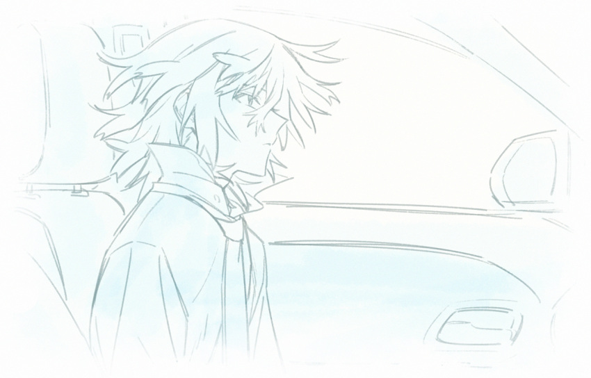 1boy, car_interior, closed_mouth, collared_shirt, dress_shirt, expressionless, from_side, greyscale