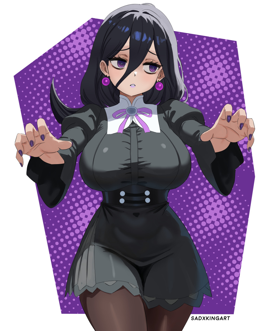 @_@, absurdres, alternate_breast_size, bags_under_eyes, black_dress, black_hair, breasts, dress, earrings, hex_maniac_(pokemon), hex_maniac_(pokemon_legends:_z-a), highres, huge_breasts, jewelry, long_dress, messy_hair, outstretched_arms, pantyhose, pokemon, pokemon_legends:_z-a, purple_nails, sadxkingart, violet_eyes, zombie_pose