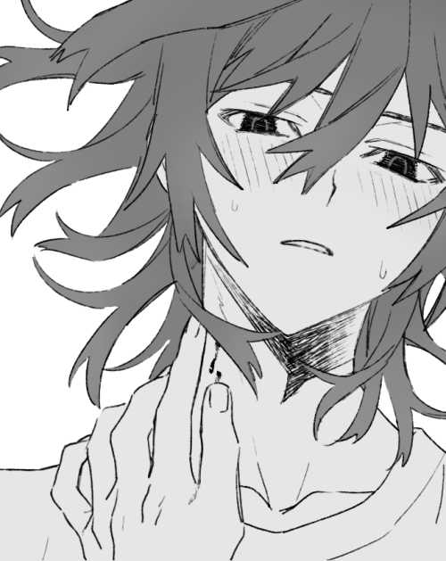 1boy, bite_mark, bite_mark_on_neck, blood, blood_drip, blush, close-up, greyscale