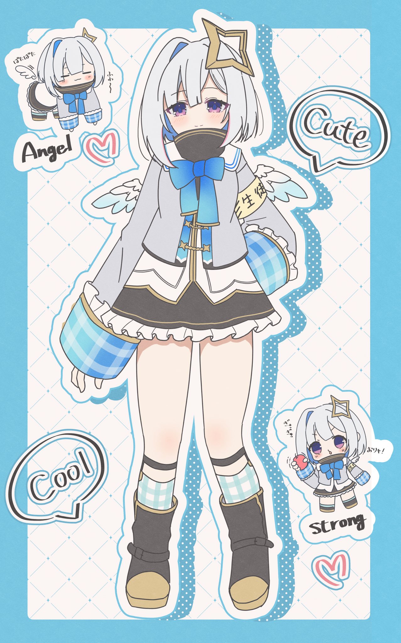1girl, amane_kanata, amane_kanata_(1st_costume), bob_cut, boots, chibi, colored_inner_hair, halo