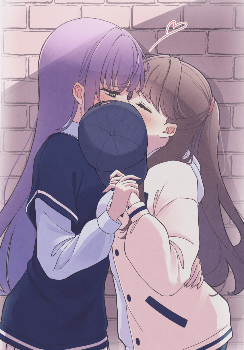 2girls, baseball_cap, blue_hat, blue_sweater, brick_wall, brown_hair, closed_eyes, commentary_request