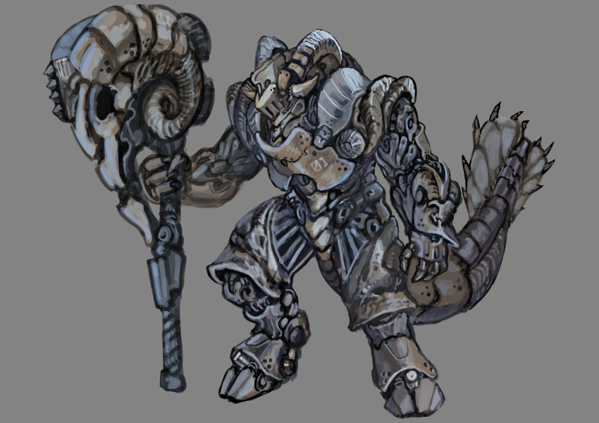 202vincent, absurdres, armor, digitigrade, full_armor, full_body, grey_background, hammer