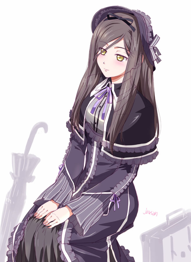 1girl, artist_name, beryl_(eiyuu_densetsu), black_dress, black_headdress, black_shawl, bow, bowtie, dress, eiyuu_densetsu, hair_between_eyes, headdress, long_sidelocks, long_sleeves, parted_bangs, sen_no_kiseki_(series), sen_no_kiseki_iii, shawl, sidelocks, simple_background, sitting, smile, solo, suitcase, swept_bangs, umbrella, white_background, xiacheng_tatsuya, yellow_eyes