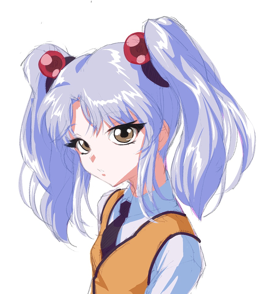 1girl, akatsu, blue_hair, hair_bobbles, hair_ornament, hoshino_ruri, kidou_senkan_nadesico, long_hair, long_sleeves, looking_at_viewer, necktie, simple_background, solo, twintails, vest, white_background