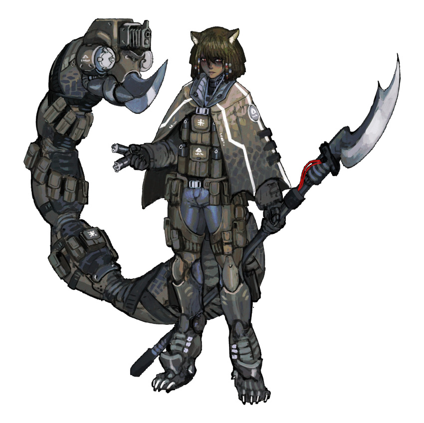 1girl, 202vincent, animal_ears, animal_feet, animal_hands, belt, biomechanical, brown_hair