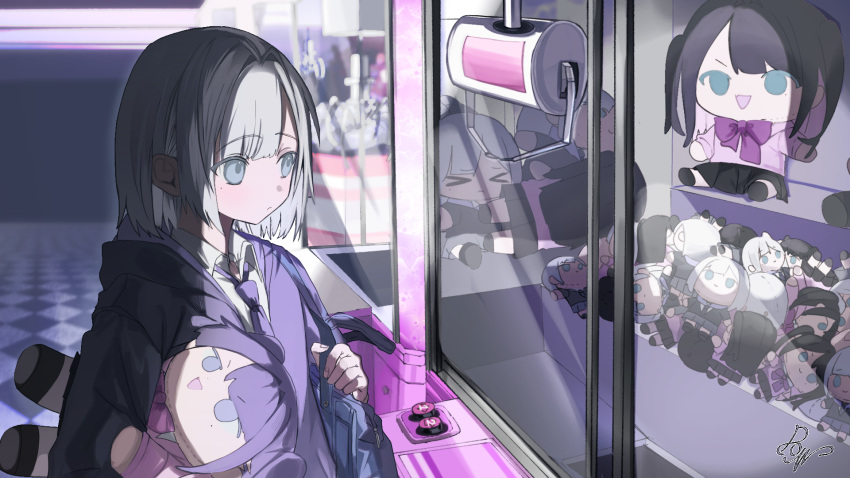 1girl, adapted_costume, bag, blue_eyes, checkered_floor, crane_game, dim_lighting, dow_suitable