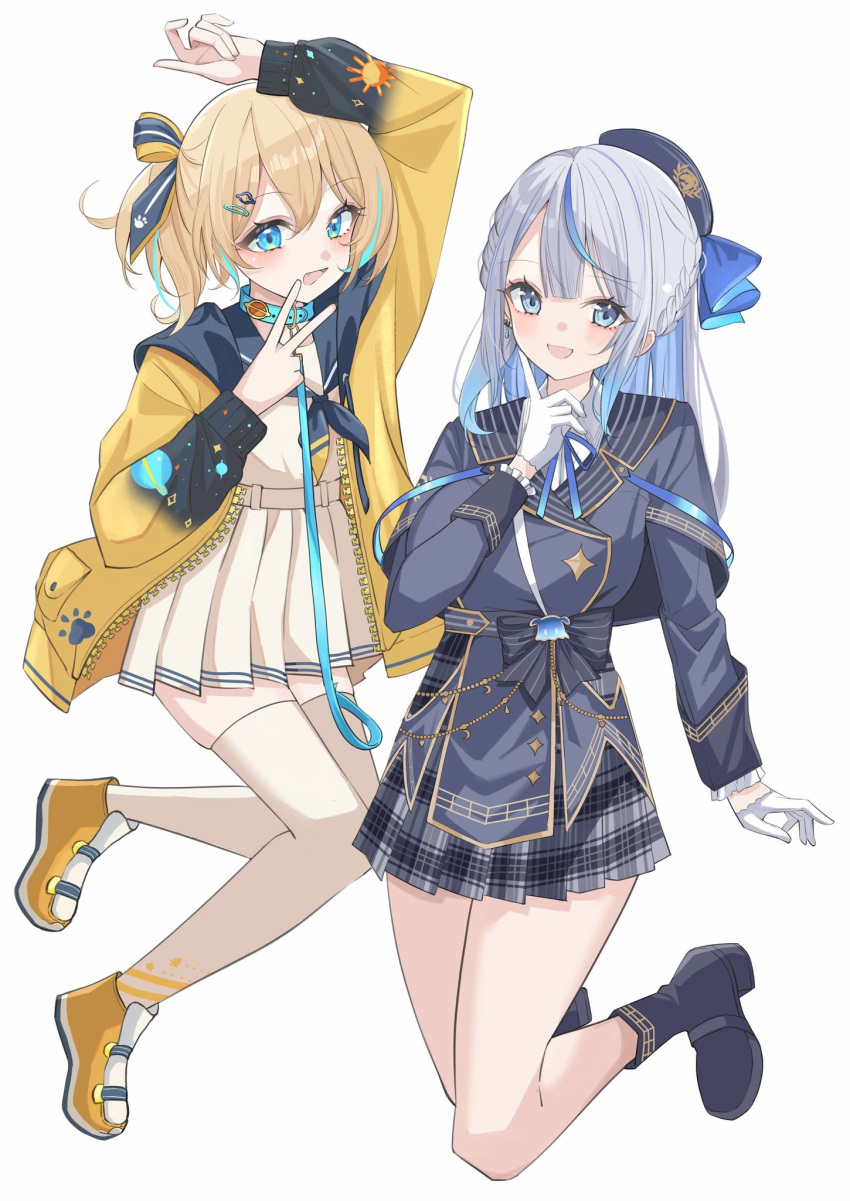 2girls, amagai_ruka, appare_hinata, blonde_hair, blue_collar, blue_eyes, blue_hair, blue_jacket
